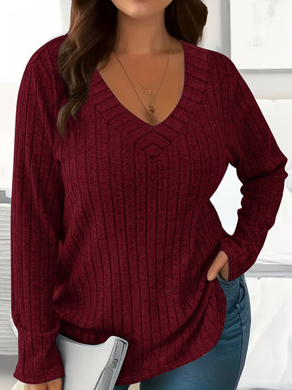 Women's Loose Fit V-Neck Polyester T-Shirt With Soft And Breathable Fabric, All-Season Casual Long Sleeve Tee, Machine Washable