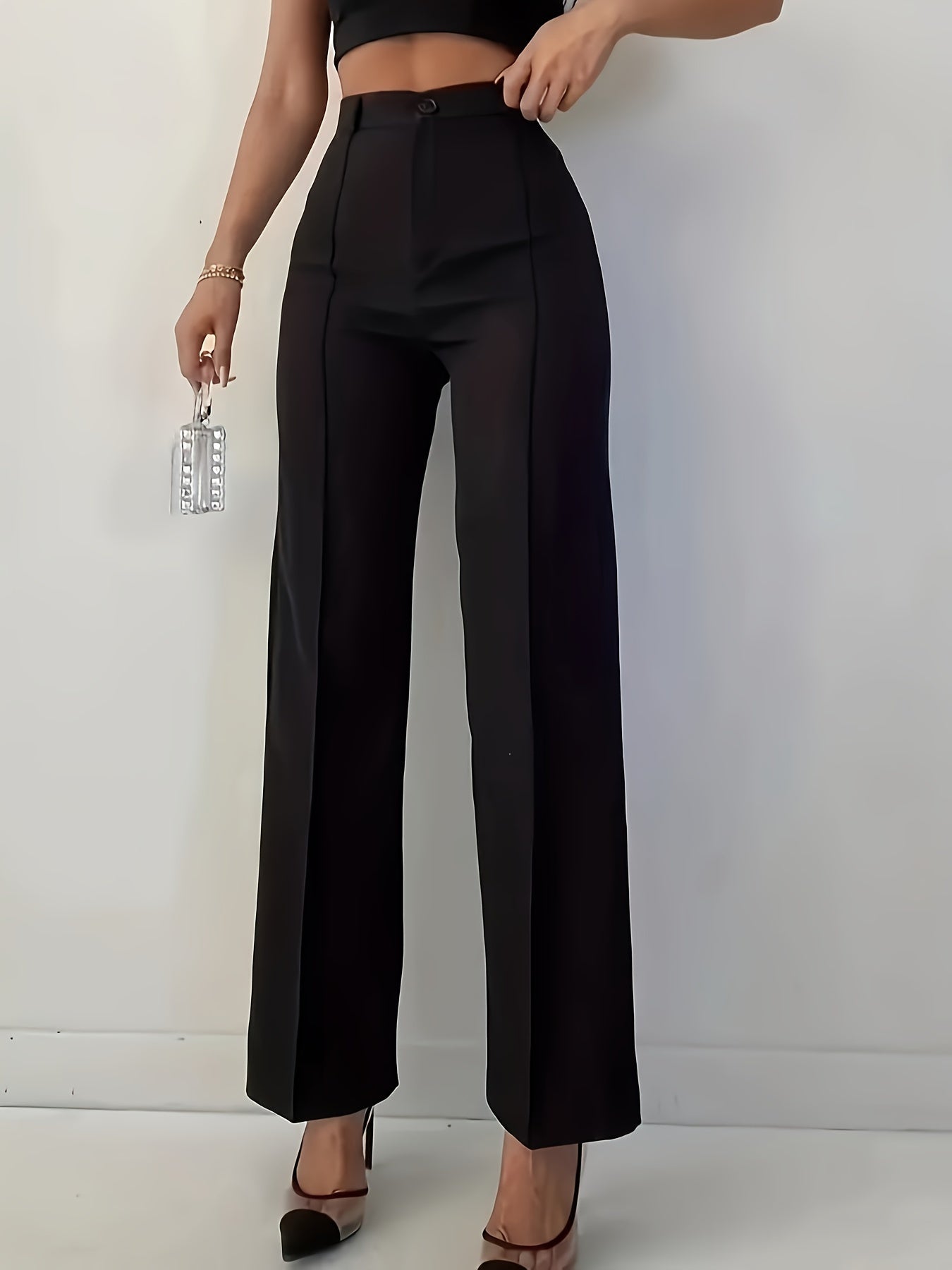 Elegant Women's Black Straight-Leg Pants - High-Waisted, Sleek Polyester, Machine Washable - Perfect for Professional & Social Events
