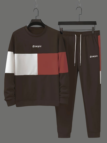 Men's Casual Crew Neck Sweatshirt & Joggers Set - Color Block, Polyester Blend, Machine Washable - Perfect for Spring/Fall, Leisure Style, Conventional Version, Spring/Autumn