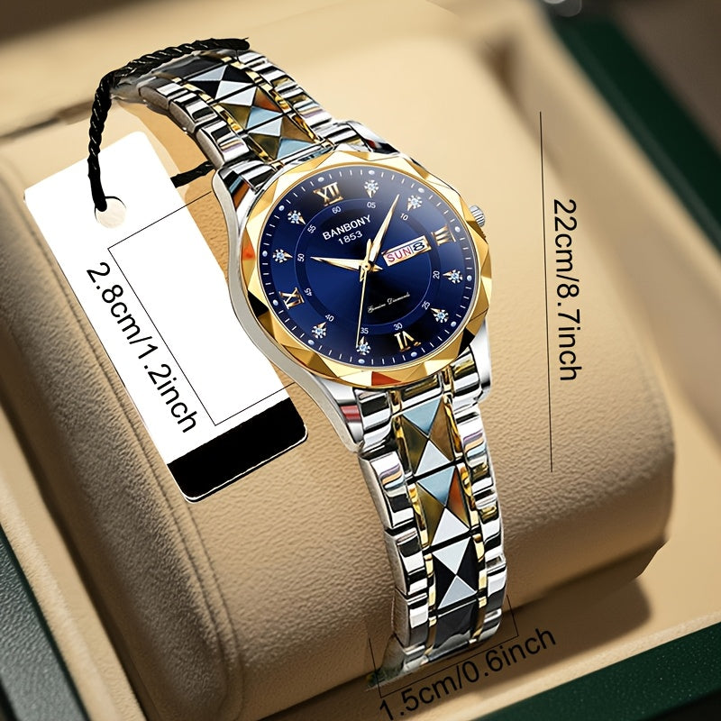 1pc Elegant BANBONY Stainless Steel Women'S Watch with Sparkling Rhinestones, Double Calendar, Glow-in-the-Dark Display, Waterproof - Ideal Gift for Birthdays, Anniversaries, and Special Occasions, Luxury Accessory | Elegant