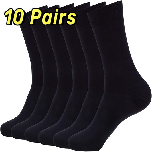 10 Pairs Men's Classic Dress Socks - Lightweight Breathable Office Business Casual Crew Socks, Solid Black, Machine Washable Comfort Fit, Smooth Texture