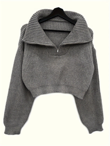 Autumn and Winter Half-Zip Short Fashion Lantern Sleeve Pullover Sweater to Show Your Figure and Versatile