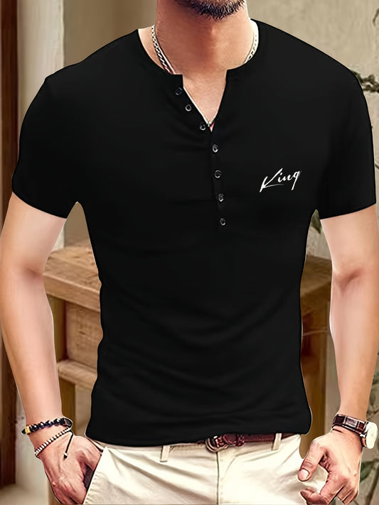 Cen Han Selection Men's Stretch Polyester-Spandex Blend Short Sleeve T-Shirt - Athletic Fit Small V-Neck Casual Top with Chest Logo Print for Summer Workouts & Casual Attire