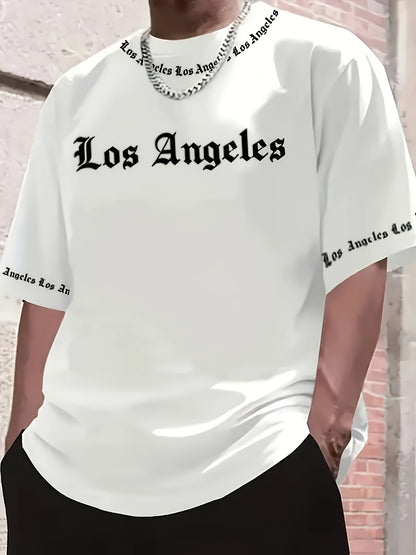 Men'S Los Angeles Graphic Print Casual Sportswear Set - Breathable Summer Short Sleeve T-Shirt & Drawstring Shorts with Pockets, Regular Fit, Crew Neck, Comfortable & Stylish for Casual Attire, Leisure Clothing | Trendy Sport