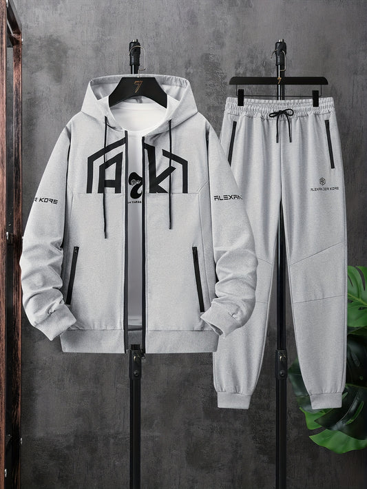 Men's AK Letter Print Long Sleeves Hoodies With Zipper Detail & Long Pants Two-piece Set, Slight Stretch Comfortable Clothing For Spring And Autumn