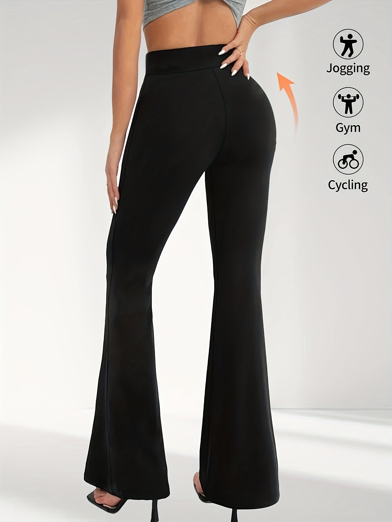 High-Waisted Flared Leggings for Women - Stretchy Black Polyester Pants with Tummy Control, Slimming Fit, and Breathable Design for Spring/Summer/Fall Casual Wear, Spring Summer Leggings | Fitted Leggings | Elastic Waistband