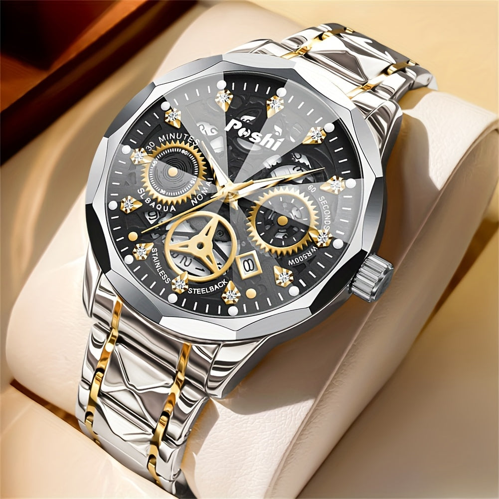 POSHI Men's Luxury Golden-Tone Quartz Watch with Rhinestone Accents, Luminous Waterproof Design, Calendar Feature, and Stylish Hexagonal Hands - Perfect Business Gift for Men, Formal Timepiece