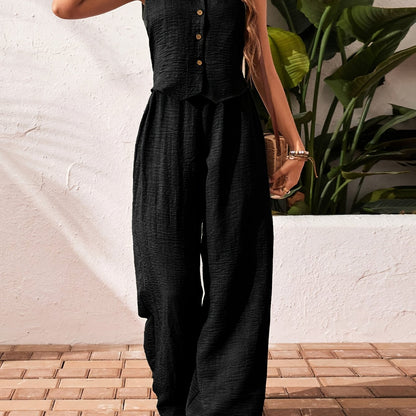Women's Solid Color Front Buckle Sleeveless Shirt and Trousers Casual Suit Spring/Autumn Women's Fashion Elegant Unique Two-Piece Set