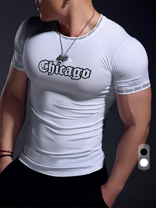 Men'S Chicago Print T-Shirt, Polyester-Spandex Blend, Crew Neck, Short Sleeve, Geometric Pattern, High Stretch, Tear Resistant, Sports & Casual Style, Summer Fit Top for Training, Yoga, Hiking & Festive Occasions