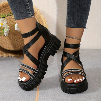 Women'S Summer Chunky Platform Sandals - Open-Toe Design with Adjustable Buckle Straps, White Faux Cover & Thick TPR Sole for Beach, Casual & Everyday Wear, Strappy Sandals, Beach Footwear, Stylish Footwear, Durable Footwear
