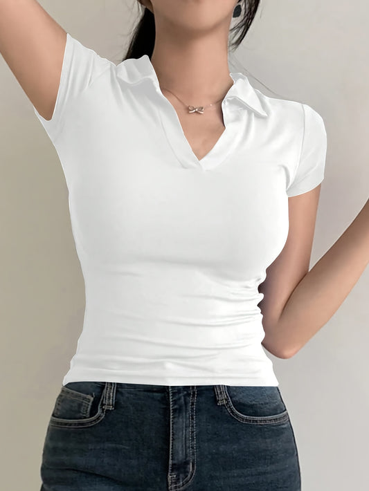 [Sleek Fit] Women's Slim Fit Short Sleeve Shirt - Elegant Black V-Neck Tee, Stretchy Polyester Blend, Machine Washable, Perfect for Spring/Summer/Fall, Short Sleeve Blouses