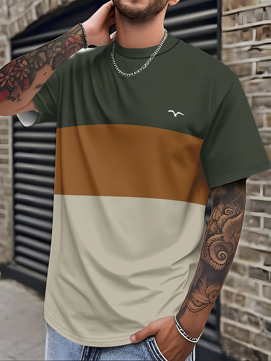 Men's Modern Fit T-Shirt - Dark Green to Beige/Ochre Color Transition, Machine Washable Casual Everyday Shirt for Parties & Outings - Non-Transparent Fabric, Horizontal Stripe Design, Comfortable Fit Tee, Outing Attire, Trend
