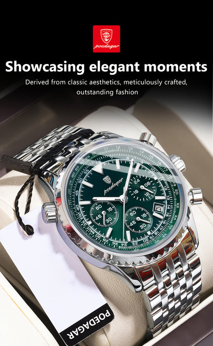 Berda Tomato Business Dominant High-end Luxury Stainless Steel Watch Waterproof Luminous Calendar Quartz Men's Watch, POEDAGAR