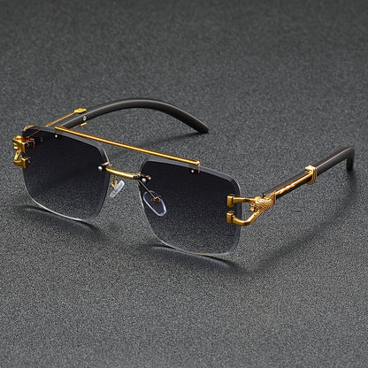 A Pair of Frameless, Beveled-Edge, Square Double-Beam Glasses, New Trendy Leopard-Print Fashion, Faux Wood Grain, Versatile for Men And Women, for Taking Photos.