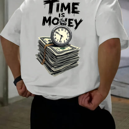 Men'S Casual Short Sleeve T-Shirt with "Time is Money" Clock & Stack of Cash Graphic - Lightweight Polyester, Loose Fit, Round Neck, Perfect for Spring & Summer Outdoor Wear, Relaxed Fit Shirt | Bold Graphic Tee | Glossy Text