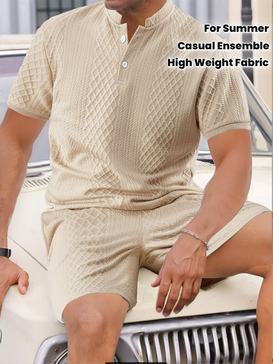 Two-Piece Set, Men'S Summer Outfit, Jacquard Set, Round Neck Short Sleeve, Drawstring Shorts, High Weight Fabric, Casual Ensemble.