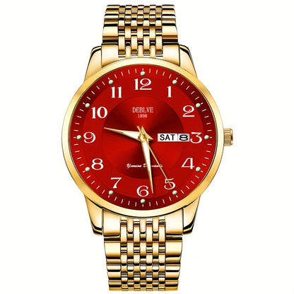 1pc DEBLOVE Men'S Stainless Steel Watch with Red Dial - Date, Calendar, Luminescent Hands & Markers, Quartz Movement, Business Casual Style, Perfect for Travel, Work, and Birthdays, Birthdays Gift|Elegant Watch Design|Quartz