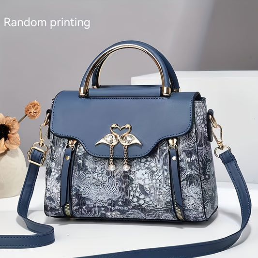 Elegant Handbag for Wo, Geometric Print, Multi-Layered Fashion Handbag with Zipper Closure, Polyester Lined, Edge Paint Detail, Versatile for Various Occasions - Blue/White/Pink/Black