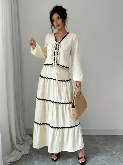 Women'S New Arrival Black and White Ruffled Lace Trim Long Sleeve Shirt with Tie Waist Umbrella Skirt Set, Stylish Elegant Vacation Commute Daily Wear Date Party Two-Piece Outfit Suitable for All Seasons