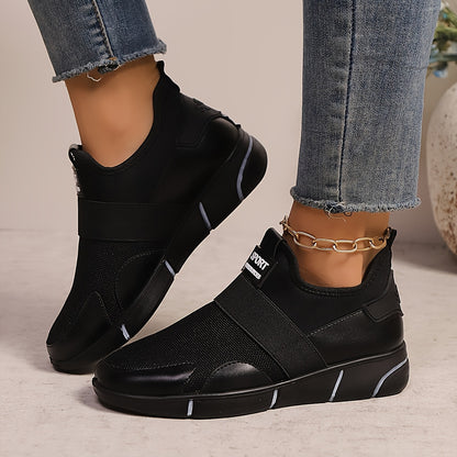 Women's Slip-On Sneakers - Lightweight Knit Upper, Breathable Design, Comfortable Casual Shoes with Strap, Black & Golden Accents, Round Toe for All-Day Wear, Sporty Sneakers | Round Toe Shoes | Flexible Sole, Ladies Sneakers