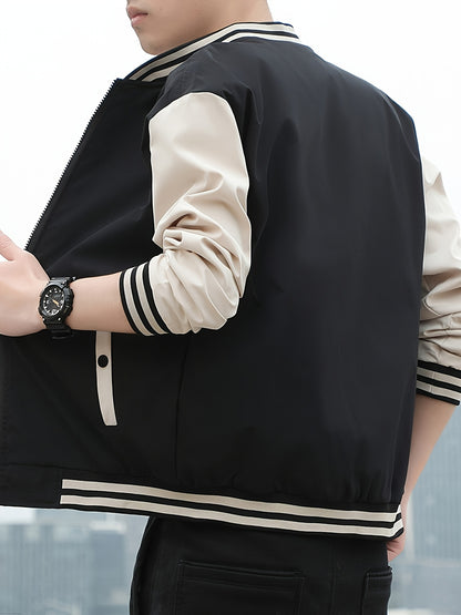 Men'S Lightweight Geometric Pattern Bomber Jacket - Casual Long Sleeve Zip-Up with Pockets, White & Gray, Polyester Lining, Perfect for Fall, Autumn Jacket