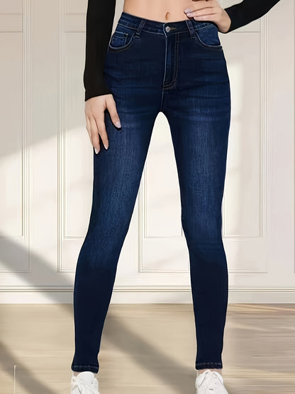 Women's High-Waisted Stretch Denim Jeans With Cotton, Polyester, Viscose, And Elastane, Four-Season Fit, Machine Washable