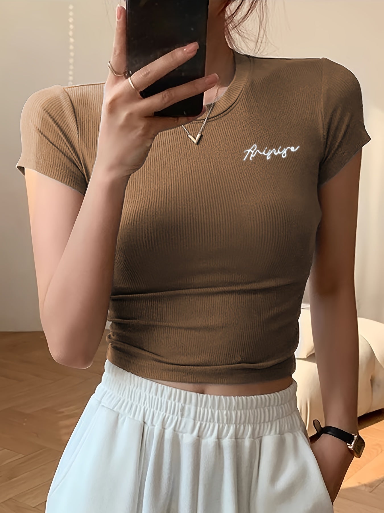 Women's Summer Slim Fit Short Sleeve T-Shirt - High Elasticity Breathable Fabric with Black Letter Embroidery, Versatile Casual & Office Wear, Elegant Collection, Cute Short Sleeve Tops, Everyday Comfort Tee, Slim Fit Tee, Sm