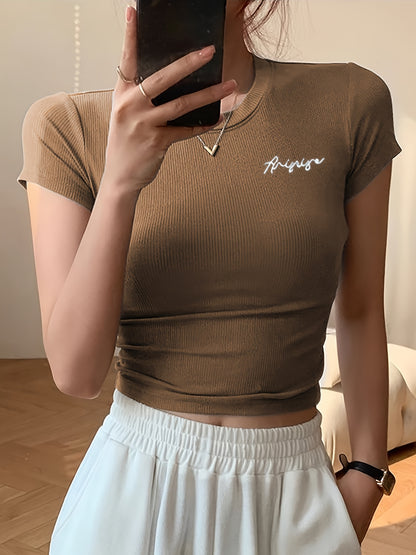 Women's Summer Slim Fit Short Sleeve T-Shirt - High Elasticity Breathable Fabric with Black Letter Embroidery, Versatile Casual & Office Wear, Elegant Collection, Cute Short Sleeve Tops, Everyday Comfort Tee, Slim Fit Tee, Sm