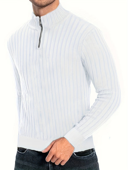 Men'S Casual Polyester Sweater, Solid Color, High Neck Quarter Zip, Long-Sleeved Pullover, Regular Fit, 100% Polyester Knit Fabric, 230g/m² - Fall/Winter Essential