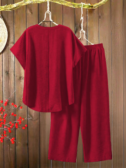 Women'S Solid Color V-Neck Short Sleeve Shirt with Elastic Waist Wide-Leg Pants Two-Piece Set