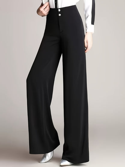 Women'S High-Waist Wide Leg Pants, Casual Solid Color Polyester Blend (94% Polyester, 6% Elastane), All-Season Straight Leg Trousers with Double Button Detail, Zipper Fly Closure, 200g/m² Woven Fabric, Perfect for Going Out