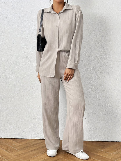 2pcs Women's Spring Autumn Casual Solid Color Long Sleeve Shirt and Pants Set