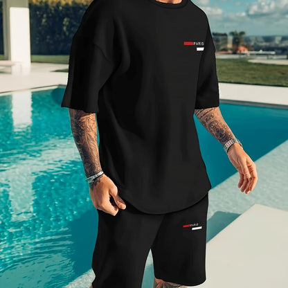 Men's Paris Letter Graphic T-Shirt - Black with Red Print, Breathable Polyester Round Neck Streetwear Tee for Summer, Casual & Outdoor Wear, Outdoor Clothing | Trendy Tshirt | Relaxed Fit Shirt