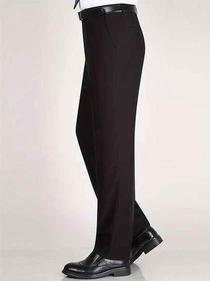 Men's Classic Straight Fit Pants - Lightweight Polyester Blend, High Waist, Button Closure, Suitable for Year-Round Wear