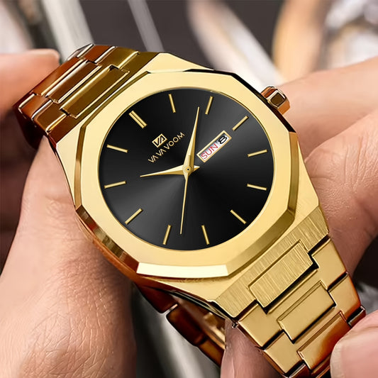 1pc Men'S Luxury Business Style Watch - Blue & Golden Stainless Steel, 42mm, Dual Calendar Quartz Movement, VA VOOM Brand, Outdoor Sports & Leisure Gift, Outdoor Sports Watch | Elegant Watch Design | Quartz Watch Movement, Lu
