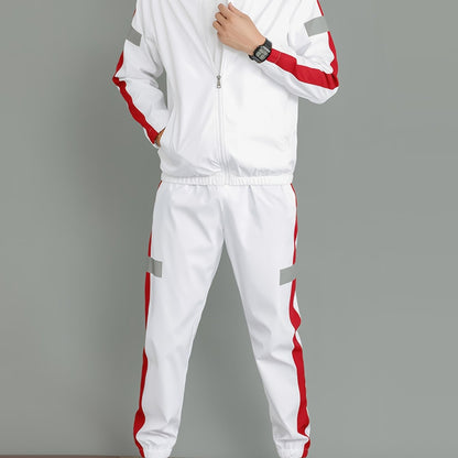Men's Casual Sportswear Set - Black and White Striped Zip-Up Jacket with Reflective Accents & Matching Joggers, Polyester, Machine Washable, Ideal for Spring & Fall, Jogging Pants