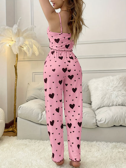 2024 Autumn Women'S Sexy Heart Print Spaghetti Strap Pajama Set - Sleeveless Striped Lounge Wear with Ribbed Detail, Perfect for Fall and Spring, Casual Attire|Heart Print Top|Strapless Desig