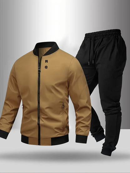 Men'S Casual Two-Piece Athletic Set - Black Baseball Collar Jacket with Zipper, Elastic Waistband Pants, Regular Fit for Spring/Fall, Spring Outerwear | Sporty Casualwear | Zippered Jacket