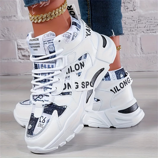 Women'S Comfortable Geometric Patterned Sports Shoes - Lightweight, All-Season, Mid Top, Lace Up, Plain Toe, Polyurethane Upper, Fabric Inner and Insole, MD Sole, Random Printing