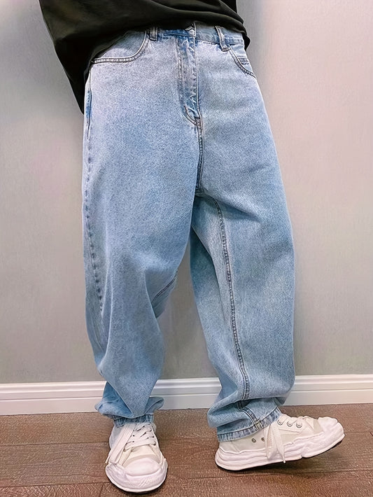 New Men'S Long Pants for Spring And Summer 2024, Light Blue Washed Denim, Loose-Fitting Casual Street Style Jeans.