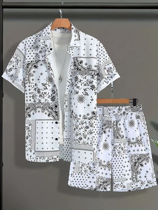 Men's Casual Suit Set with Short Sleeve Shirt and Printed Shorts