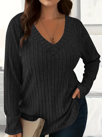 1 հատ Women'S Plus Size Casual V-Neck սվիտեր - 95% պոլիեսթեր 5% սպանդեքս տրիկոտաժե գործվածք, միաձույլ գույն, երկարաթև, գարուն/աշուն/ձմեռ բաց վերնաշապիկ