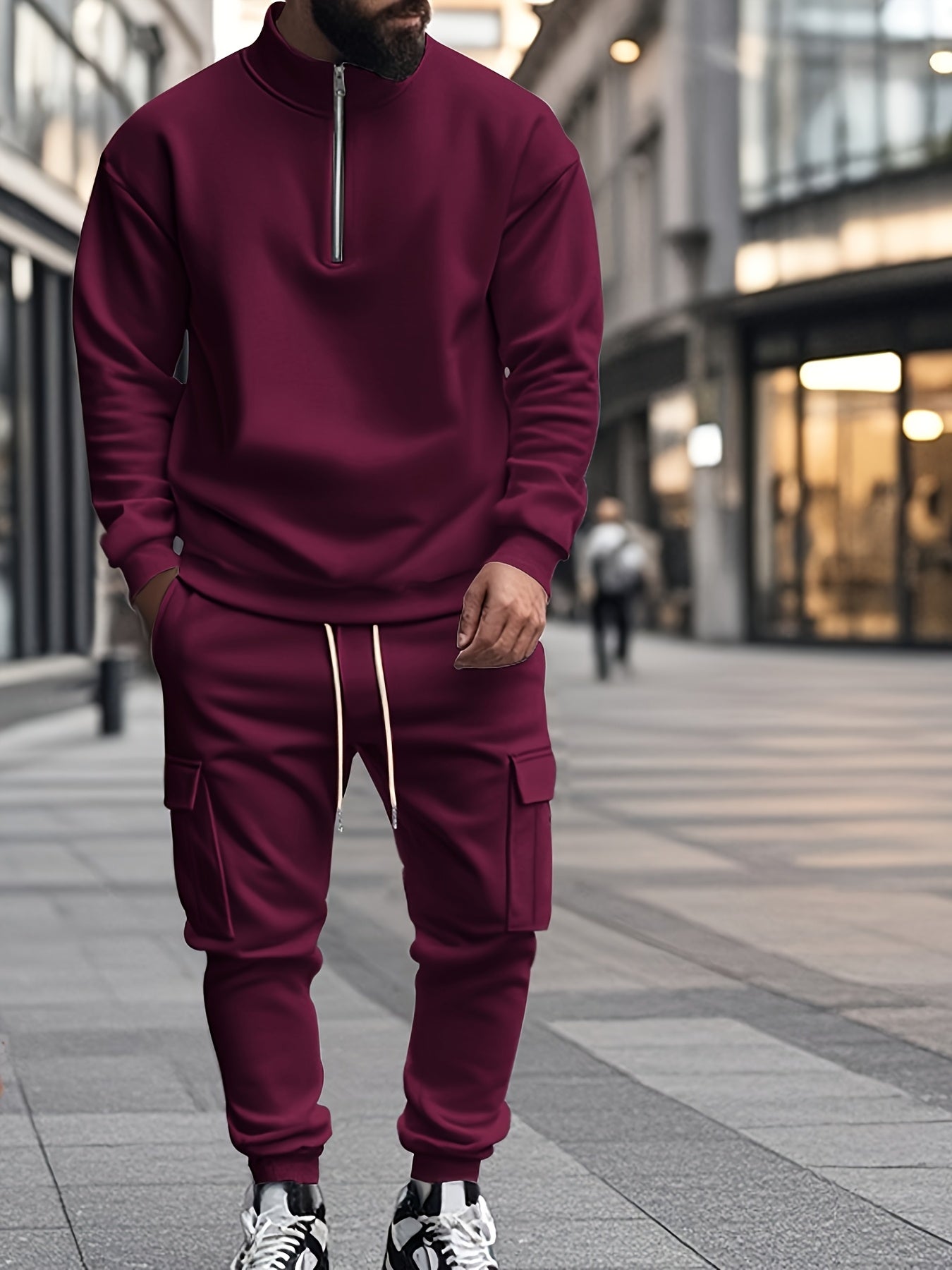 Versatile Ensemble, Men's Casual 2pcs Set: Heavyweight Zip-Up High Neck Sweatshirt & Pocketed Work Pants - Solid Color, Plush Fabric for Fall/Winter