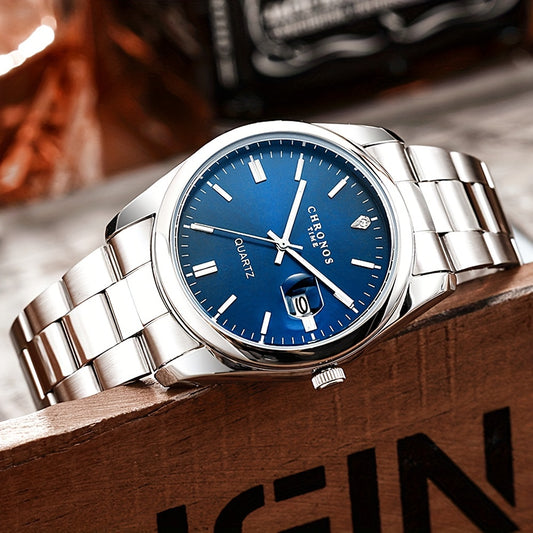 CHRONOS Men's Classic Popular Watch With Stainless Steel Strap, Business Calendar Luminous Watch