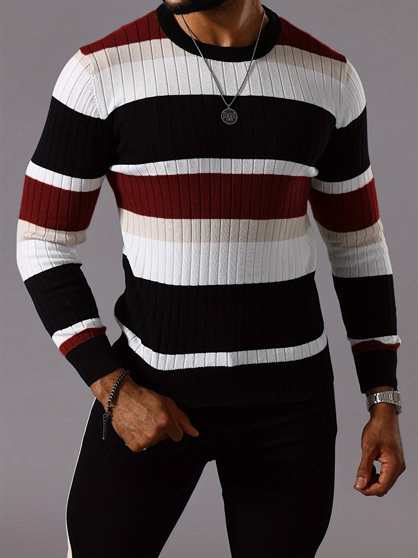 Men's Striped Color-Block Ribbed Knit Sweater - Long Sleeve Round Neck Pullover with Elastic Comfort Fit, Machine Washable Casual Fall Winter Top in Black/White/Green/Beige, Knit Sweater, Medium Elasticity