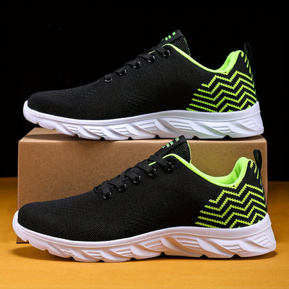 Men's Knitted Breathable Running Shoes, Lightweight Non-Slip Soft Sole, Comfortable for Outdoor Walking, Jogging, Fitness, Daily Activities, EVA Sole, Fabric Upper, Low-Top, Lace-Up Closure, Striped Pattern, All-Season Fashio