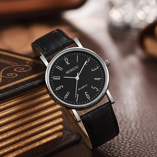 1pc Minimalist Quartz Wrist Watch for Women and Men, Round Plastic Case, PU Leather Band, Non-Rechargeable Button Battery - Elegant Timepiece