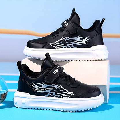 Boys' Athletic Sneakers for Fall/Winter 2024 - Stylish Flame Design, Durable & Comfortable with Hook-and-loop Fastener Strap, Low-Top, PU Upper, EVA Sole, Perfect for Running & School Activities