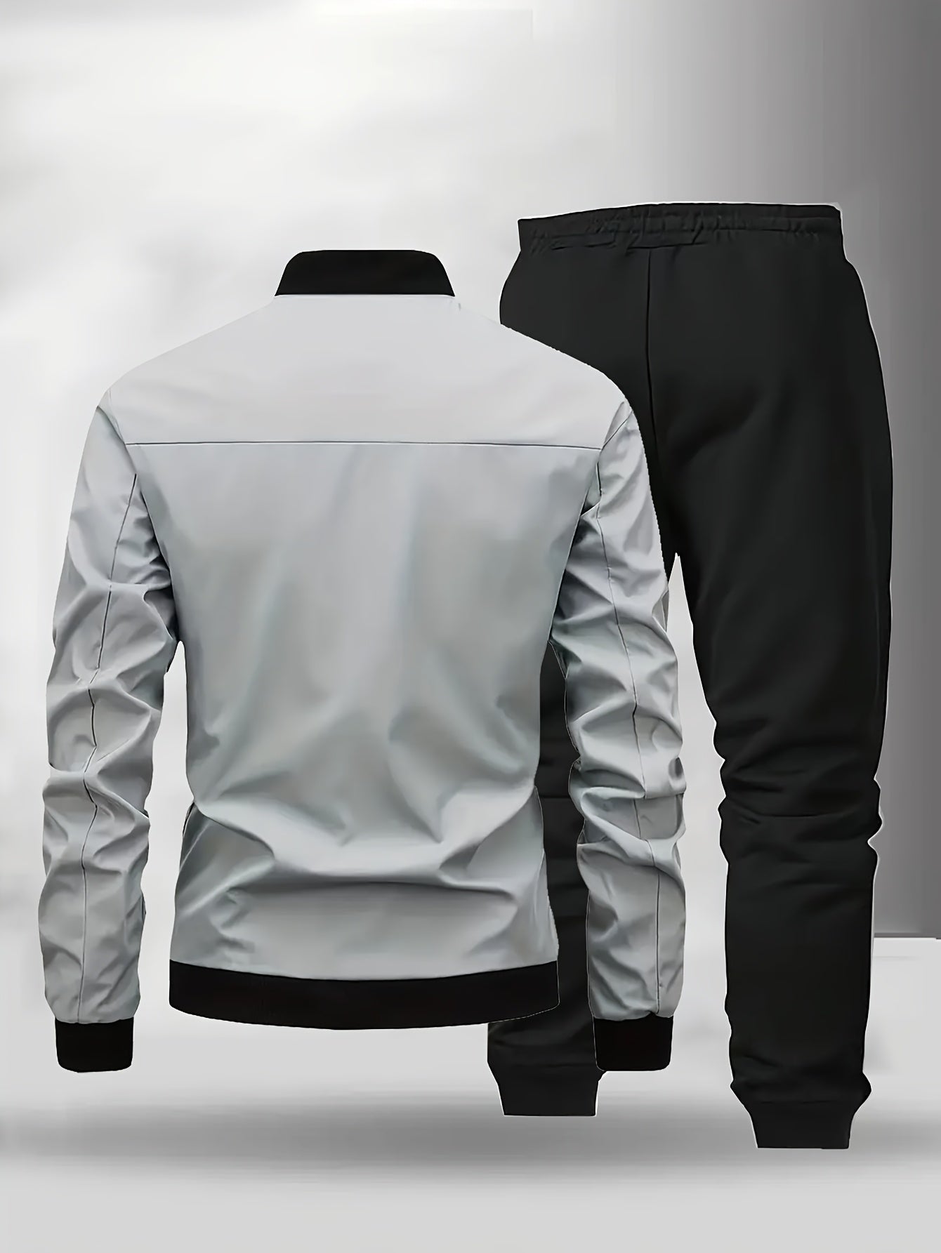 Men'S Casual Two-Piece Athletic Set - Black Baseball Collar Jacket with Zipper, Elastic Waistband Pants, Regular Fit for Spring/Fall, Spring Outerwear | Sporty Casualwear | Zippered Jacket