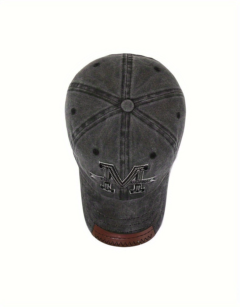 1pc Vintage Washed Cotton Baseball Cap with Embroidered Letter "M" - Adjustable Snapback, Lightweight Sun Hat for Men & Women, Black with Brown Band, Adjustable Baseball Cap